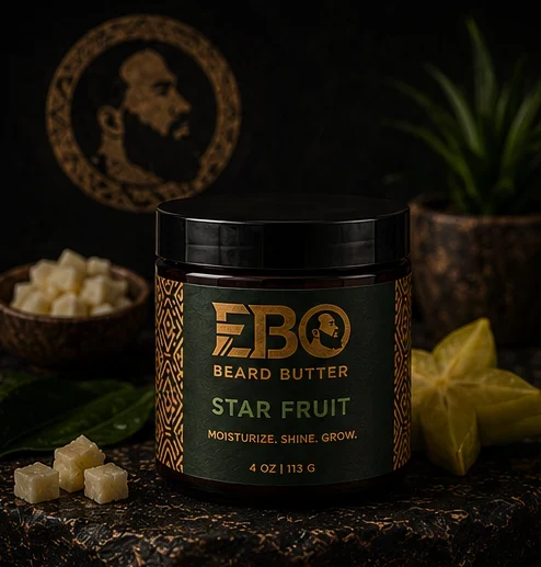 EBO Star Fruit beard butter jar with the lid off