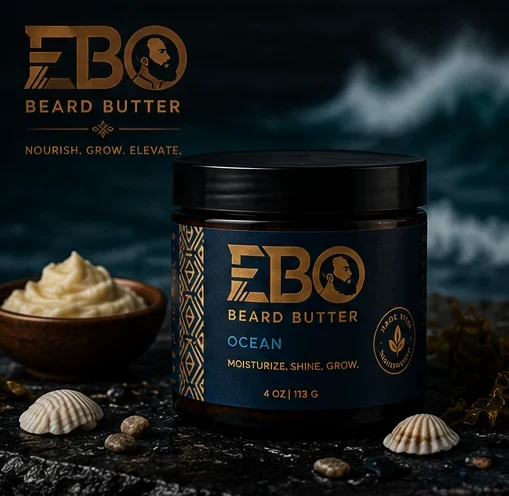 EBO Ocean beard butter jar with the lid off