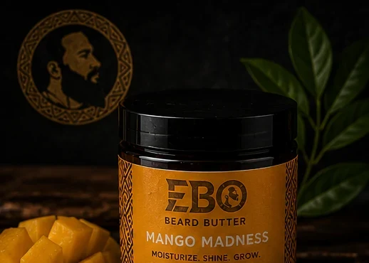EBO Mango Madness beard butter jar with the lid off