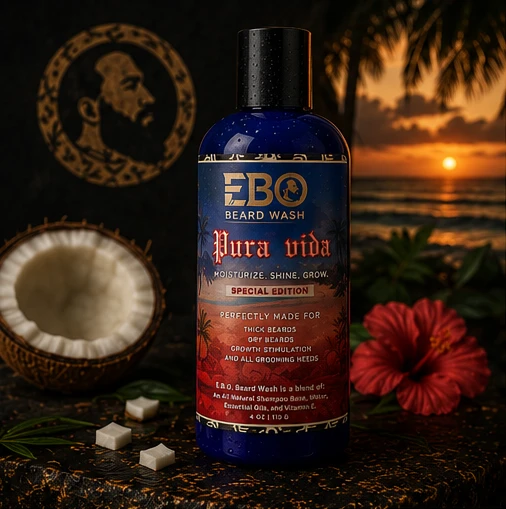 EBO Beard Wash — Pura Vida jar photographed on black with gold light
