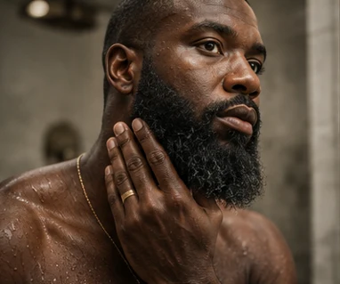 Close-up portrait of a bearded man running his hand through a full beard.