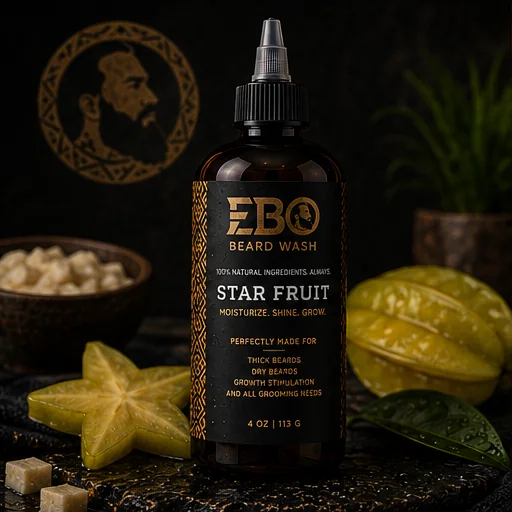 EBO Beard Wash — Star Fruit jar photographed on black with gold light