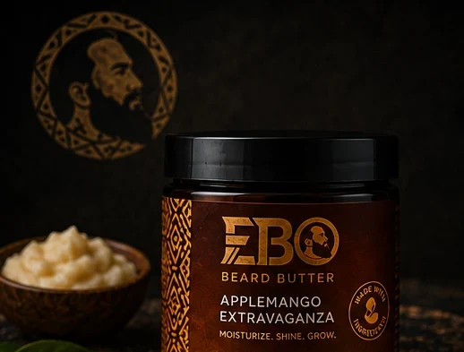 EBO Apple Mango Extravaganza beard butter jar with the lid off