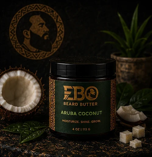 EBO Aruba Coconut beard butter jar with the lid off