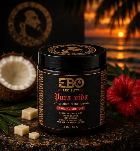 EBO Pura Vida beard butter jar with the lid off