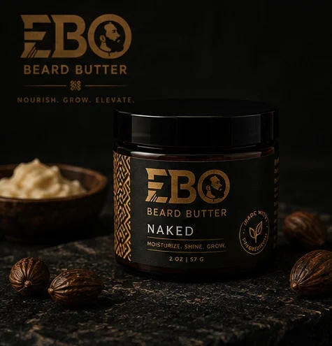 EBO Naked beard butter jar with the lid off
