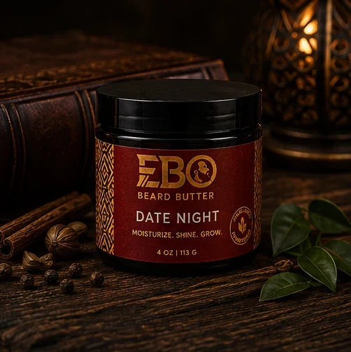 EBO Beard Butter — Date Night jar photographed on black with gold light