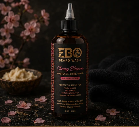 EBO beard wash bottle with black and gold labelling.