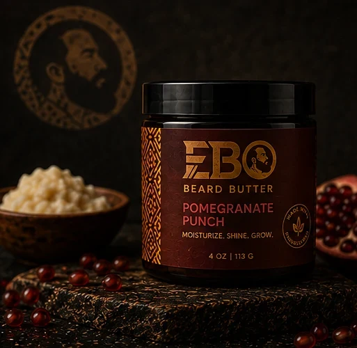 EBO Pomegranate Punch beard butter jar with the lid off