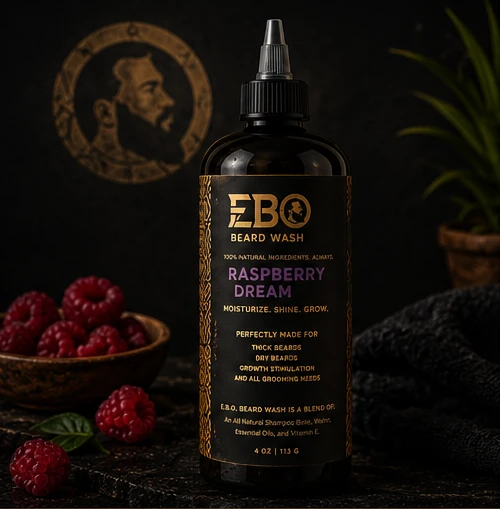 EBO Beard Wash — Raspberry Dream jar photographed on black with gold light