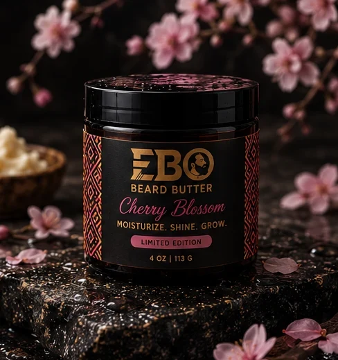 EBO Cherry Blossom beard butter jar with the lid off