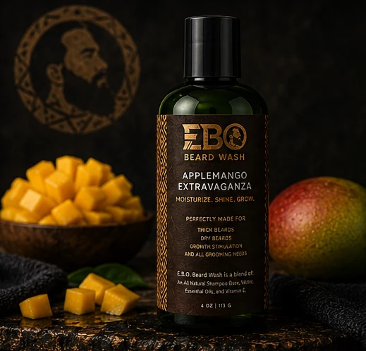EBO Beard Wash — Apple Mango Extravaganza jar photographed on black with gold light